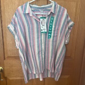 Orvis Linen Striped Casual Button-Up Shirt in Pink, Blue & Mint.